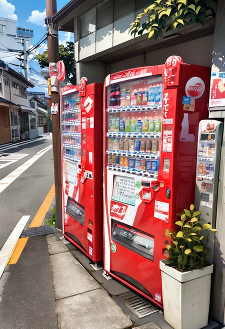 masterpiece, best quality, very aesthetic, absurdres,
vending machine, scenery, outdoors, building, plant, road, day, coca-cola, utility pole
 <lora:jihanki_SDXL_V1:1>