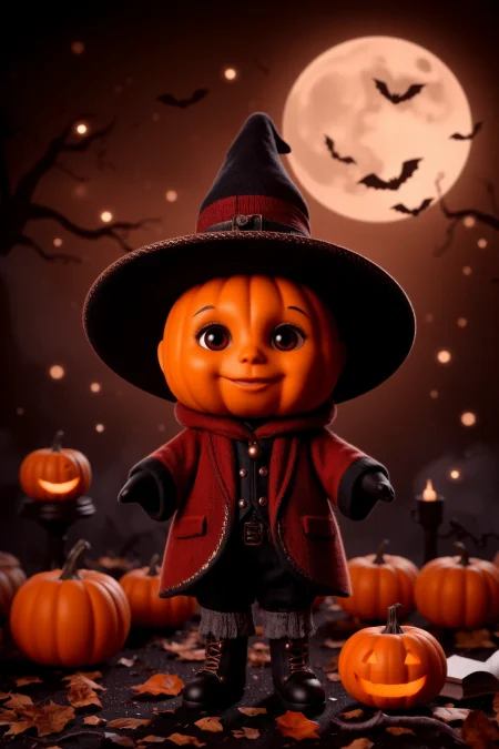 (pretty beautiful cute little pumpkin), color magician clothes, gloves, (Halloween pumpkins, jack-o-lantern)  halloween night, horror, (bats), moon in the sky, portrait, (standing:1.2),  happy smiling, red eyes,(very detailed), best quality,  sharp focus, old magic books,  halloween_atmosphere, halloween_backgrounds, halloween_creatures, halloween_props_decorations, halloween_styles, halloween_weather, halloween_lighting, ethereal lights, backlight, shadows, high contrast, hdr, <lora:Anti-Blur:0.8> <lora:Hand v2:0.8> Detailed hand, Hand, Perfect hand <lora:PinkieChibiHalloweenFLUX:0.8> pinkchibihalloween <lora:aidmaImageUpgrader:0.8> aidmaimageupgrader