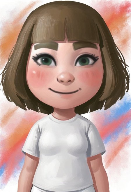 score_9, score_8_up, score_7_up, rating_safe, 
cryb0rg, colorful, abstract,
small nose, blush, white pants, smile, white skin, green-ish brown hair, sneakers, green eyes, female mii, fringe, mii, cute, brown eyebrows, long hair, small breasts, wii u, 1girl, white clothing, Millie_(\Wii_Sports_Club\)