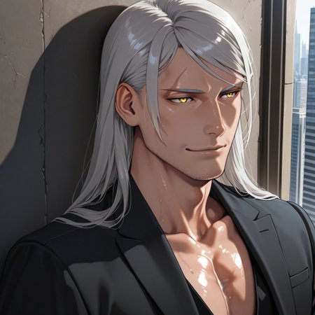 masterpiece, best quality, amazing quality, absurdres, newest, detailed background, definition so sharp, Ultra-HD, 8K cinematic, very awa, impressionate, amazing quality, highres, 
solo, male focus, manly, shadow, shiny skin, mature male, extream close-up, soft coloring,
mitsuhisahachiya, mitsuhisa_grey hair, mitsuhisa_yellow eyes, 1boy, long hair, scar across eyebrow, gentleman, understated_elegance, classic_suit, attentive_listener, observant, kind_gesture, subtle_smile, respectful, old_fashioned_charm, wise_expression, calm_demeanor, quiet_confidence, hand_in_pocket, city_stroll