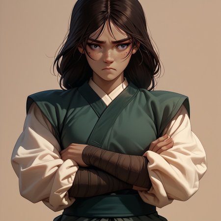 score_9, score_8_up, score_7_up, score_6_up, score_5_up, score_4_up, 1girl, kyoshi, dark skin, freckles, arms crossed, broad shoulders, tall, fit,
