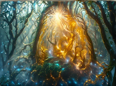 She is a being made of millions of golden threads; she is majestic, capable of touching your soul with a simple glance. This being is called Eltirion.
Eltirion has no strict form, but he prefers to resemble a woman. He finds their bodies harmonious. She loves harmony.
At this moment, Eltirion is enjoying himself floating above an enchanted forest. She is remaking the world; after all, she is a god. in the image depicts Eldirion using his powers to remake the forest, a massive effest power
 <lora:3nch4nt3d_f0r3st:1> <lora:Add_Details_v1.2:1> <lora:Mystic_Lumina_r1:1> <lora:Realistic-Fantasy-style_flux1D_LOREVER:1> <lora:slg_v30:1> <lora:å·¨ç¥_FLUX_lora_v1:1> CyberRealistic <lora:ymnmpi196a29e8950n39e6:1.9> <lora:FC Flux Perfect Busts:1.5>