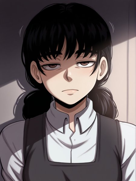 (masterpiece, amazing quality, best quality), <lora:blackwhiplash(bwl)-guy90-Illust-Lycorisv1:1>, blaash, motion lines, cinematic lighting, shadows, lighting,
 <lora:Asa:1>, mitaka asa, 1girl, solo, long hair, low twintails, twintails, black hair, 
brown eyes, expressionless, half-closed eyes,