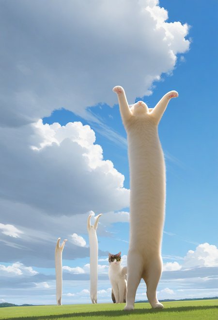 longcat (meme), no humans, cat, sky, cloud, day, grass, outdoors, animal focus, meme, animal, field, standing, shadow, blue sky, scenery, dancing, parody, stretching, cloudy sky
masterpiece, best quality, amazing quality, very aesthetic, absurdres,
<lora:concept_longcat_Illustrious_V2L:0.6>