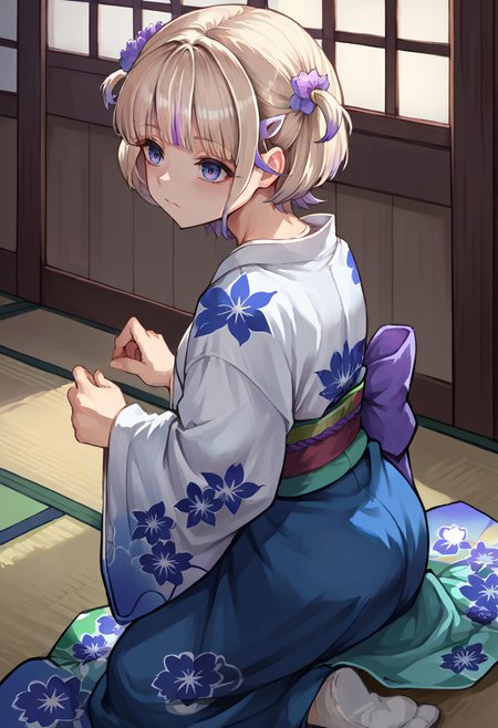 score_9, score_8_up, source_anime, 1girl, solo, TodorokiHajime, multicolored hair, short hair, two side up, hairclip, indoors, kimono, hair flower, floral print, wariza, kneeling, <lora:ChamTodorokiHajimePonyXL:1>