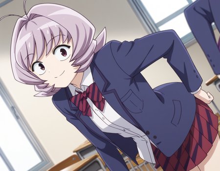 score_9, score_8_up, score_7_up, source_anime,
najimiosana, <lora:najimi-osana-s1s2-ponyxl-lora-nochekaiser:1>,
najimi osana, short hair, brown eyes, purple hair, hair intakes, antenna hair,
skirt, shirt, long sleeves, bow, school uniform, jacket, white shirt, pleated skirt, striped, collared shirt, bowtie, red skirt, blazer, blue jacket, striped bow, striped bowtie,
indoors, classroom, bent over, smile,
looking at viewer, cowboy shot, dutch angle, solo,
