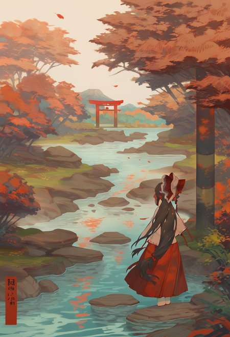 score_9, score_8_up, score_7_up, score_6_up <lora:reiXL_AutC_lokr_V43P1:0.95>  1girl, hakurei reimu, solo, long hair, bow, torii, hair bow, red bow, outdoors, tree, skirt, red skirt, scenery, japanese clothes, wide sleeves, miko, hair tubes, standing, from behind, long sleeves, water, wide shot, autumn, gohei, very long hair, brown hair, rock, hakama, black hair, holding gohei, white socks, autumn leaves, leaf, red hakama, socks, ponytail, detached sleeves, sky, ribbon-trimmed sleeves, nature, holding, full body, hakama skirt, facing away, ribbon trim, mountain, frilled bow