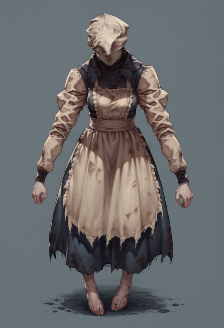 score_9, score_8_up, score_8, source_anime, 1girl, <lora:TheNurseDBD_r1:0.8> solo, breasts, eyeless, faceless, dress, long sleeves, torn clothes, hood, apron, front view, full body, barefoot,
blue background, simple background,