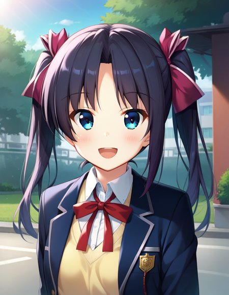 score_9,score_8_up,score_7_up,score_6_up BREAK official art,solo,outdoors,upper body,(portrait:1.5),looking at viewer,facing viewer,smile,blush,Otonashi Kushina,long hair,black hair,twintails,hair ribbon,hair bow,hair intakes,parted bangs,blue eyes,open mouth,:d,school uniform,blazer,black jacket,wing collar,yellow sweater vest,collared shirt,white shirt,neck ribbon,red ribbon,long sleeves,small breasts,miniskirt,green skirt,plaid skirt,pleated skirt,zettai ryouiki,white thighhighs,loafers,<lora:Otonashi Kushina(ls)-Pony:1.3>,