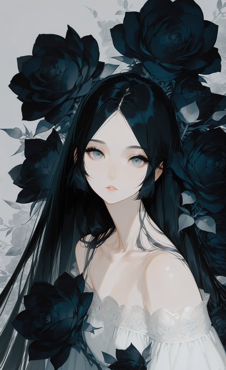 masterpiece, best quality, good quality, very aesthetic, absurdres, newest, 1girl, solo, long hair, black hair, dress, collarbone, upper body, flower, short_sleeves, parted lips, grey background, white dress, off_shoulder, parted_bangs, grey eyes, expressionless, rose, off-shoulder dress, black flower, black rose, looking_at_viewer, <lora:ponyv5_noobE11_1_adamW-000013:1> <lora:zzziGnXL_il_lokr_V531:0.7> <lora:wl-illV1-000017:1>