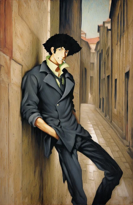 artist: sargent, painting \(medium\), oil painting \(medium\), traditional media, 
leaning on wall, solo, male focus, 1boy, spike spiegel, jacket, lapels, collared shirt, loose necktie, cigarette, formal clothes, grin, open collar, street, town, hands in pockets,
 <lora:John Sargent Illustrious 0.1-step00000630:0.8>