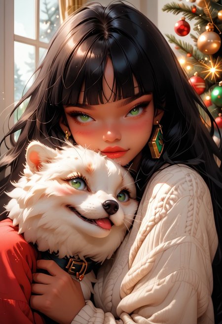 1girl,dark skin, blunt bangs, beautiful, sexy, green eyes, long hair, black hair, jewelry, earrings, bracelets, makeup, christams sweater,looking at white fluffy puppy,  medium breasts, horny, flirty, close up, 
adoring, loving, <lora:p3tl0v3XLP:1> p3tl0v3, hugging a white fluffy puppy, cute, 
interior, sunlight, daylight, christmas decorations, christmas theme, christmas tree, cuteness overload, 
score_9,score_8_up,score_7_up,score_6_up, 
expressiveH