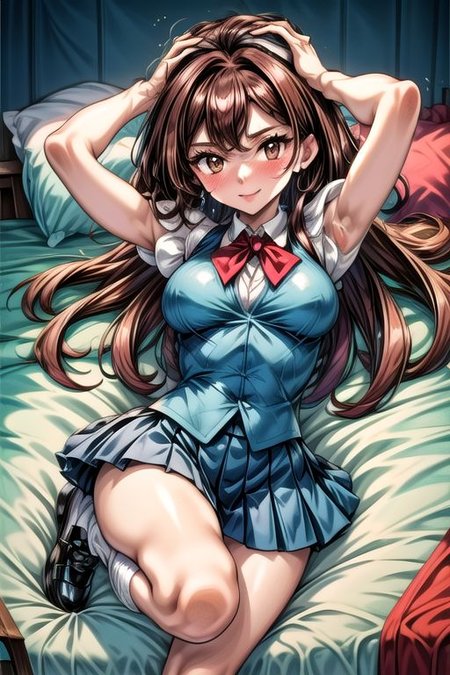 <lora:Giselle_Pokemon-07:0.8>, 1girl, solo, long hair, looking at viewer, smile, upper teeth, bangs, skirt, simple background, brown hair, shirt, brown eyes, school uniform, full body, white shirt, short sleeves, pleated skirt, shoes, socks, puffy sleeves, miniskirt, black footwear, vest, puffy short sleeves, blue skirt, kneehighs, white socks, black background, mary janes, blue vest, Happy, Lying on Back,  sweat, solo focus, lying, armpits, on back, outstretched arms, spread arms, pillow, arm grab, bed, sleeveless,