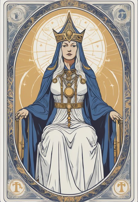 tarot card, the high priestess, front perspective, flat, frame, square, white (outline:1.1)