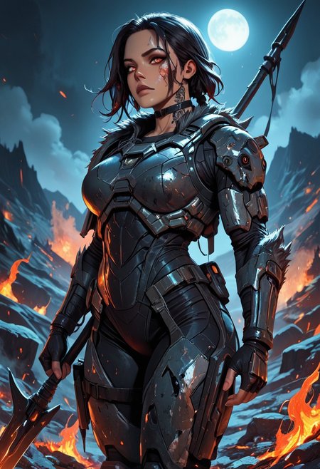 highres, very detailed, amazing quality, masterpiece,
very aesthetic,
particle effect,
1girl, beautiful eyes, looking at viewer, tough girl, slight muscle tone, tan skin, strong face, solo, toned arms, Covered in Tattoos, tattoo, neck tattoos, spartan, spartan armor, ripped pants, holes ripped in pants, fur lined armor, dark braided hair, large breasts, choker, fingerless gloves, holding a spear, spear, 
hand on shoulder, armor on fire, parts of armor on fire, 
Walking through a burning field, village in a valley, burning village, smoke rising in the background, Silhouette, 
on a mountain, at night, nighttime, moonlight, moon rays,