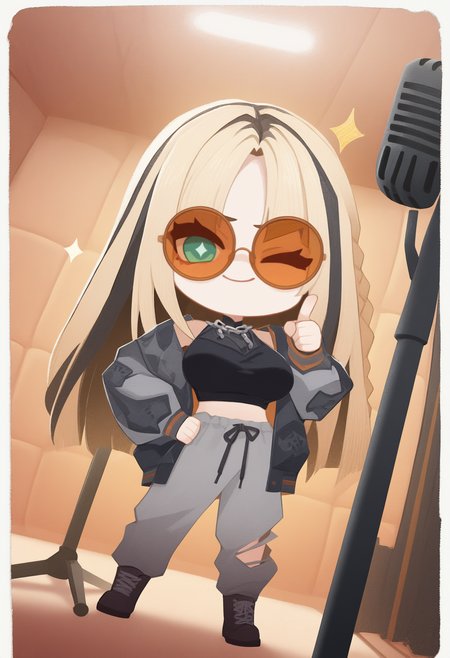 onmyojistyle, chibi, masterpiece, best quality, <break> white border, solo, 1girl, KoganeiDefault, smile, looking at viewer, standing, hand on own hip, index finger raised, pointing up, green eyes, diamond-shaped pupils, one eye closed, multicolored hair, blonde hair, black hair, long hair, side braid, parted bangs, sunglasses, chain necklace, black shirt, sleeveless, covered collarbone, see-through shirt, midriff peek, multicolored jacket, black jacket, print jacket, grey sweatpants, torn pants, lace-up boots, indoors, studio, glass, microphone stand, padded walls, sparkle
 <segment:yolo-Anzhc Face seg 640 v2 y8n.pt,0.4,0.5//cid=1>