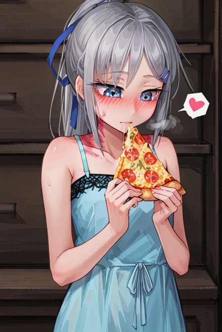 score 9,score 8 up,score 7 up,rating questionable,detailed background,aroused,cinematic lighting,dynamic lighting,uncensored,
,sylvie <lora:sylvie.pony:1>
steaming body,sensual,alluring,sweatdrop,heavy breathing,(spoken heart),silver hair, ponytail,blue ribbon, 
blue-dress,sleeveless, 
hud_e4ting,holding pizza slice,holding food,<lora:eating_slice_of_pizza:0.6>,closed mouth, 
Intimate Portuguese Fado Bar,softly glowing lanterns and flickering candles,saliva,half-closed eyes, looking down,