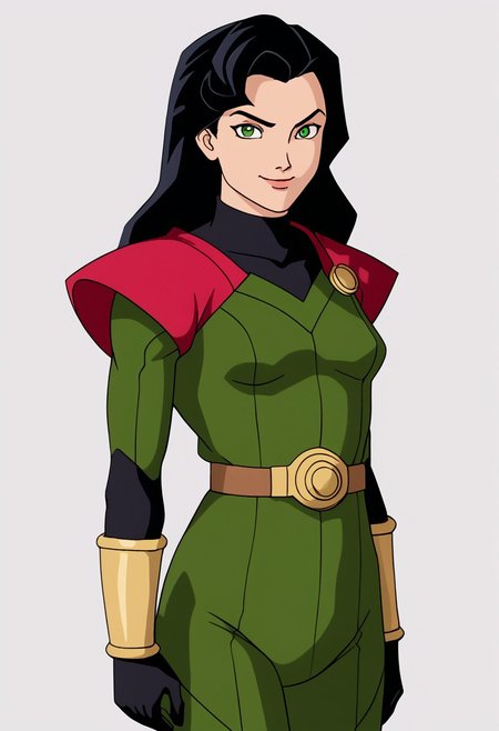 1girl, female focus, solo, Caitlin, black hair, long hair, green eyes, small breasts, turtleneck, Power Pack uniform, asymmetrical clothes, print bodysuit, green bodysuit, black bodysuit, bracers, metal bracers, belt, cowboy shot, looking at viewer, smile, v, rating_safe, simple background, white background