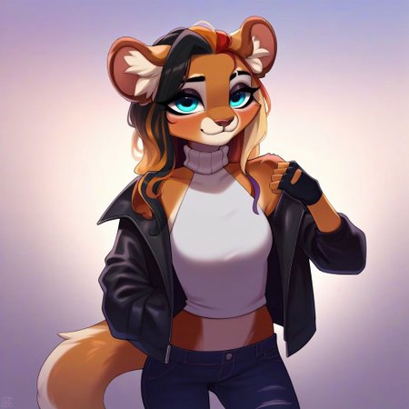 digital_media_(artwork) hi_res, score_9, score_8_up, score_7_up, score_6_up, score_5_up, score_4_up, rating_safe, beautiful, intricate, high quality details, highly detailed, amazing quality, anthro, furry, female, detailed textured fur, fur tufts, fluffy,  cute, cute face, small, detailed sexy eyes, solo, SFW, ocelot, expressive, sassy,  multicolored hair, streaked hair, absurdres, highres, long sleeveless halter neck sweater, baggy denim pants, fingerless gloves, sleeveless leather jacket, clothed slim, clothed slender, clothed skinny, goth, heavy eyeliner, heavy eye shadow, breasts, vivid colors,