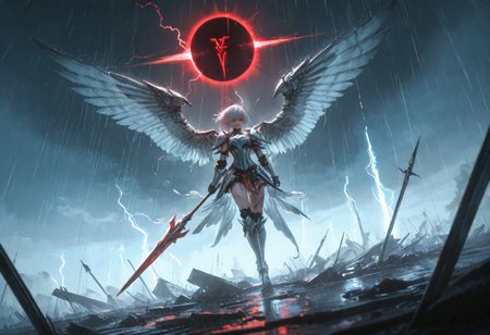 destroyed battlefield background, dynamic angle, dynamic pose, corruption, oozing bloodlust, great composition, an epic eclipse, masterpiece, high-quality, photorealistic mythic warrior scene, An armored valkyrie. Her short, platinum hair drips with rain, plastered to her stern face as lightning etches the horizon in dazzling forks. Silver wings at her back bristle with brilliant, reflective plumage, each feather rendered in hyperdetailed clarity. A massive spear etched with runes stands upright at her side, buzzing with latent thunderous energy. The cinematic scale of the swirling tempest around her instills a breathless sense of epic grandeur and raw elemental power