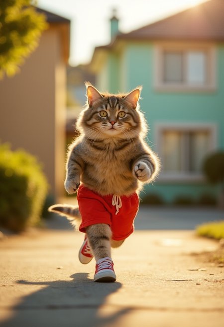 A chubby cat, clad in bright red shorts and sneakers, energetically dashes down the sunlit street, the rhythmic beat of its tiny feet echoing against the pavement. As it bounds forward, its fluffy, striped fur glistens in the warm, afternoon light. Neighborhood houses, painted in soft pastels, blur past, creating a lively backdrop of suburban life. The scene conveys a playful spirit and determination, enriched by a vibrant color palette of sunny yellows and warm reds.