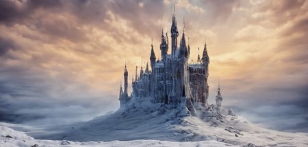dense fog, realistic, cinematic lighting, detailed:1, beautiful woman in delicate robes standing on a field of snow with arendelle castle in the distance at sunset with clouds in the sky,FeyFa, <lora:FeyAndFairies:1>, <lora:add-detail-xl:1>