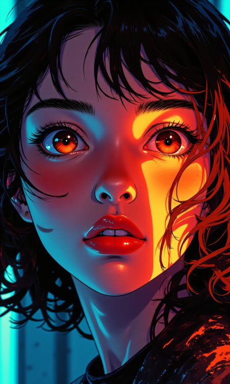 The portrait is a mesmerizing blend of vibrant colors and dramatic lighting, capturing a moment of intense emotion and raw beauty. The subjectâa young womanâis framed in close-up, her face bathed in an interplay of neon hues that create a surreal, almost otherworldly atmosphere. 
Her eyes  are the focal point, large and expressive, with deep brown irises that seem to shimmer under the light. Her gaze is direct and piercing, as though she is looking straight into the viewerâs soul. The contrast between the warm tones illuminating her face and the cool blue-green background enhances the intensity of her expression, making her appear both vulnerable and powerful. 
Her skin  is smooth and radiant, glowing with a mix of fiery orange and electric blue highlights. The lighting casts sharp contrasts across her features, accentuating her high cheekbones, delicate nose, and full lips. Her lips are slightly parted, revealing a hint of teeth, adding to the sense of quiet determination or contemplation in her expression. 
Her hair  is dark and wavy, cascading loosely around her shoulders. Strands fall gently over her forehead and frame her face, catching the light in places to reveal subtle reflections of the surrounding colors. The hair adds texture and movement to the image, giving the impression that she has just turned or shifted her head, allowing the light to play across her features dynamically. 
The lighting is dynamic and layered, creating a vivid interplay of warm and cool tones. On one side of her face, orange and red hues  dominate, casting a fiery glow that highlights her cheekbones and jawline. This warmth contrasts sharply with the cool blue-green tones  on the other side, which give her skin a luminous, ethereal quality. The interplay of these colors creates a sense of dualityâfire and ice, passion and calmâall coexisting within her. 
j_art, j_anime, <lora:FLUX\OBdonman, anime0style portrait:0.15>, <lora:FLUX\jul\J_Anime:1.0>, <lora:FLUX\RealAnime:0.1>
