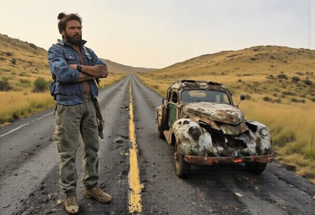 A young bearded man in a worn-out blue denim jacket standing next to a rustic, navy blue subaru with the hood slightly ajar. His arms are crossed over his chest and his eyes are fixed on the flat tire on the driver’s side, which lies deflated and defeated against the gravelly shoulder of the desolate, two-lane road. The tire's treads have been shredded, revealing the stark white of the rubber underneath, a clear sign of a recent blowout. In his right hand, he loosely holds a lug wrench, a symbol of his unfinished battle with the unforeseen adversity. The setting is a picturesque countryside, with rolling hills and a patchwork of yellow fields stretching out to the horizon, dotted by a few solitary trees and a narrow strip of yellow-orange sunset. The soft, warm light casts long shadows, painting the scene with a serene yet melancholic glow. The man’s expression is a blend of resignation and contemplation as he strokes his beard with his free hand, his lips curled into a slight smile that suggests a silent chuckle at his own misfortune. Behind the truck, the asphalt stretches into the distance, hinting at the long journey ahead and the unplanned detour this expense represents. The surrounding silence is only broken by the occasional chirp of a bird and the distant hum of a car passing by, reminding him of the world continuing on its way while he faces his monetary setback. T