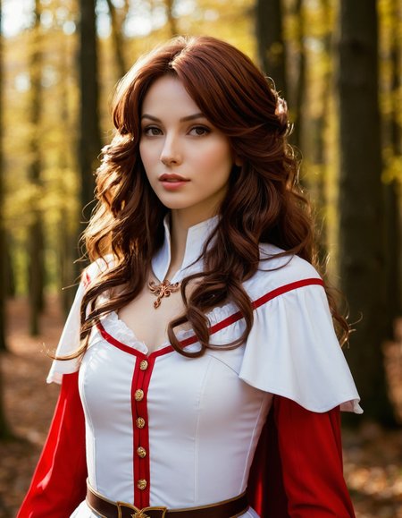 Cosplay-Videogames, Castlevania's Maria Renard: Magical Maiden Bright, shining eyes, long, curly brown hair that falls in loose waves down her shoulders, a slender yet athletic build, a small, delicate nose, and a confident, mysterious stance that exudes her magical and alluring personality. Her smooth, porcelain-like skin has a warm, golden glow, and her full lips are set in a playful, flirtatious line. With her magical abilities and elemental powers, she embodies the spirit of wonder and enchantment. Her brown hair is accentuated by a pair of elegant, mystical robes, perfectly capturing the essence of her magical and maiden-like character. With a cinematic quality to her presence, Maria is a true heroine, shining bright with a sense of wonder and magic, as the soft light casts a mystical glow on her face, illuminating her inner world of fantasy and adventure.