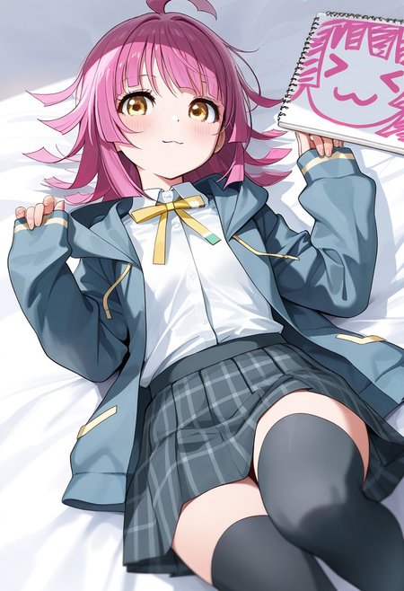Type_TRP, (masterpiece), (best quality), (ultra-detailed), very aesthetic, high resolution, perfect composition, intricate details, absurdres, newest, extremely detailed eyes, beautiful, perfect lighting, hi res, amazing quality, very awa, painting_(artwork), dynamic angle, dynamic pose, 1girl, tennouji rina, pink hair, nijigasaki academy school uniform, holding, lying, white shirt, yellow bowtie, looking at viewer, yellow bow, yellow eyes, on back, plaid skirt, blue jacket, black thighhighs, long sleeves, sleeves past wrists, drawing, ahoge, sketchbook, :3, yellow ribbon, collared shirt, blunt bangs, open clothes, blush, pleated skirt, neck ribbon, grey skirt, smile, medium hair, paper
