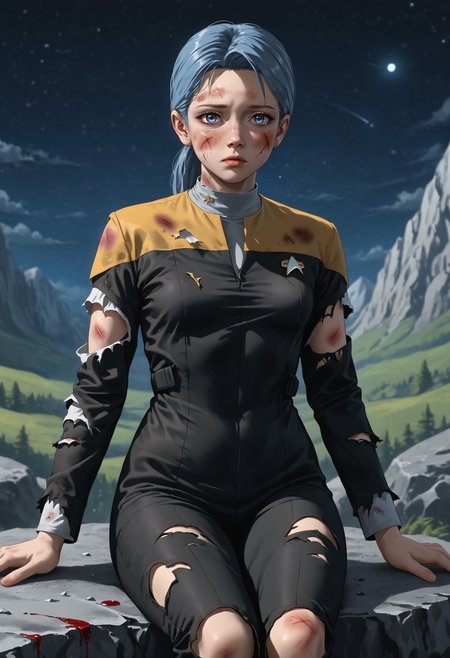 score_9, score_8_up, score_7_up, source_anime, sad, crying, (full body shot), sitting, against rock, leaning back, 
BREAK
<lora:KaraDBH:0.9> 1girl, medium hair, ponytail, blue hair, blue eyes, lips, small breasts, (slim hips:1.1), (skinny:1.2), slender, athletic, (bleeding:1.2), (bruised eye:1.6), injury, (dirty:1.8), blood on clothes, blood on face, dirty clothes, 
BREAK
 <lora:VoyPony:1> voyunf, star trek uniform, long black sleeves, black pants, black jumpsuit, grey Vneck, yellow shoulders, (torn clothes:1.8), (torn pants:1.4), (torn sleeves:1.5), (torn shirt:1.6), 
BREAK
<lora:StS_PonyXL_Detail_Slider_v1.4_iteration_3 (1):3>, scenery, outdoors, mountain, rock, boulder, ice, cliff, mountainous horizon, gravel, night sky, 
BREAK
volumetric lighting, depth of field, cinematic, vibrant, shadows, detailed, high contrast,âââ <lora:vivid_everclear:0.3>,âââ  <lora:Outer_Space:0.3> 0u73r5p4c3, space, planet,