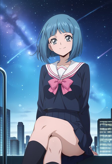 masterpiece,best quality,amazing quality,

1girl, solo,

Yuna Saionji (Cardfight Vanguard), blue hair, short hair, grey eyes,

school uniform, serafuku, white sailor collar, pink bow, pink bowtie,

Smile, looking at viewer, 

cinematic, cross legs, crossing legs, 

Outdoors, On top skyscraper, sci-fi city, star (sky), 

Lens flare, bloom,

Official style, anime screencap, anime coloring,














