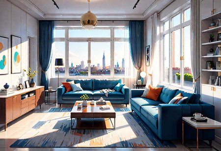 ((front view)), Shallow scene, ((animation style)), modern-style interior, with white walls, (large windows), a  study, Sofa, coffee table, bookcase, single wall, 
warm light morning sun, (the view of the city)