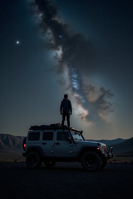 Here's a high-quality coherent stablediffusion prompt based on the input: A lone individual stands atop a rugged, off-road SUV (possibly a 4x4) against a blackened terrain, bathed in the starlight of a celestial-filled sky. The vehicle, equipped with roof racks and gear, suggests a long journey or expedition into the wilderness. The human figure, still and contemplative, gazes upward at the stars, as if seeking answers to life's mysteries. In the distance, gentle hills rise from the dark terrain. Above, the Milky Way stretches across the sky like a glowing canvas, punctuated by a bright celestial object (Venus or Jupiter). The image is bathed in the warm light of starlight, with minimal color palette and strong contrast between the black foreground and luminous background, highlighting human smallness within a vast universe.