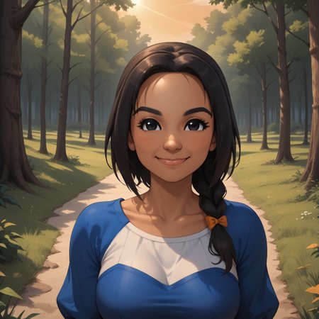 score_9, score_8, BREAK, solo, 1girl, black hair, black eyes, black eyebrows, blush, dark skin, dark skin female, dark blue clothing, black pants, shoes, breasts, Yunyun_(Wii_Sports), cute, tall, thin, skinny, adult female, mature female, sexy pose, self portrait, smile, outdoors, sunlight, shadows, evening lighting, natural lighting, forest, trees, grass, orange sky, sunset