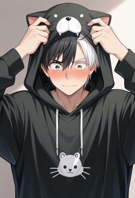 masterpiece,best quality,amazing quality, source_anime, 
sakuharuka, 1boy, male focus, solo, heterocromia, grey eyes, yellow eyes, split-color hair, black hair, white hair, hoodie, animal hood, hood up, blush, embarassed,