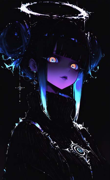 masterpiece,best quality,amazing quality, 1girl, solo, looking at viewer, blue eyes, jewelry, blue hair, upper body, yellow eyes, multicolored hair, sidelocks, earrings, blunt bangs, hair bun, halo, sweater, gradient hair, double bun, colored skin, turtleneck, glowing, black background, portrait, glowing eyes, ribbed sweater, turtleneck sweater, multicolored eyes, black sweater, purple skin, purple lips, simple background, xxx667_illu,15546+456868,
limited palette, glowing, psychedelic, black theme <lora:illustriousXL_stabilizer_v1.23:0.3> <lora:NOOB_vp1_detailer_by_volnovik_v1:0.3> <lora:ponyv6_noobE11_2_adamW-000017:0.7> <lora:USNR_STYLE_XL_lokr:0.45> <lora:shiej007:0.4> <lora:XXX667:0.95> <lora:114558v4df2fsdf5:1>