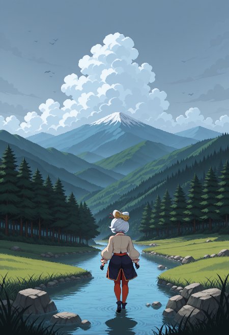 <lora:pixelart:1>,pixel art,masterpiece, absurdres,amazing quality, best quality, detailed background, 8k, 1girl, purah,cloud,cloudy sky,day,dragon,facing away,field,forest,from behind,grass,landscape,mountain,mountainous horizon,nature,outdoors,river,rock,scenery,sky,solo,standing,tree,wide shot