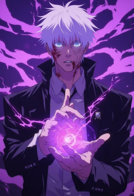 Vector art, uhd, 8k, 4k, epic, dramatic, Jujutsu kaisen manga, 4k quality, (Perfect hand:1.4), anime, (masterpiece), (detailed face), detailed,
Rendered in a style redolent of Impressionism, the painting utilizes a vibrant.
(Close up, shoulders and up) digital artwork of Gojo looking at the viewer.  He has an expressionless look on his face. (His eyes are wide:1.6) and (pupils heavily dilated:1.2). (He has his hands raised infront of him, snapping his fingers. Bright purple energy surrounds his fingers:1.5). Blood is on his face and clothes. 
He wearing black suit jacket, open suit jacket, white dress shirt, and black pants. (He has bright blue eyes. His eyes are glowing:1.4), white hair, messy hair,
The background purple swirling of energy.