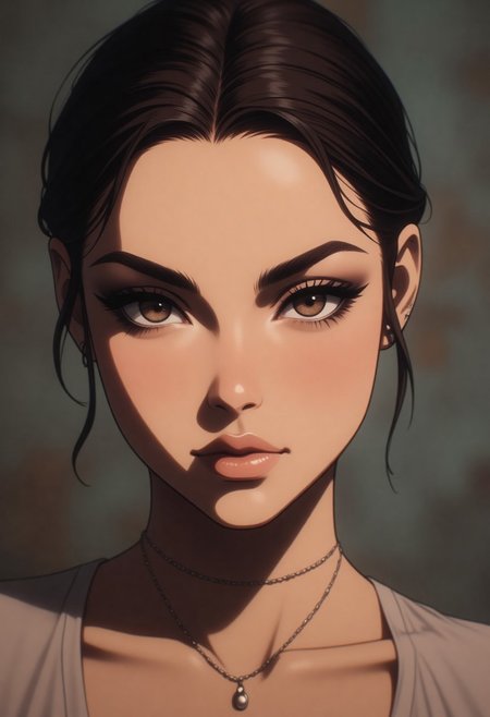 The woman’s face fills the frame in a tight, intimate close-up. Centred and composed, she gazes directly into the camera with quiet confidence. Her smooth, medium-toned skin carries faint lines around her eyes and forehead, hinting at wisdom without diminishing her vitality. Dark, naturally arched eyebrows frame her deep brown, almond-shaped eyes—open, reflective, and full of quiet emotion. Her straight, well-proportioned nose and full, slightly parted lips complement her features, with a soft dimple appearing as she relaxes her mouth. 
Her dark brown hair is loosely pulled back, with strands gently framing her face. A simple silver necklace with a small pendant rests just above her collarbone. Soft lighting from above casts subtle shadows, enhancing the contours of her cheekbones and jawline. The blurred background of muted greys and beiges suggests a quiet, neutral indoor setting, allowing the focus to remain solely on her presence. No dramatic elements—just a calm, natural, unembellished human moment.