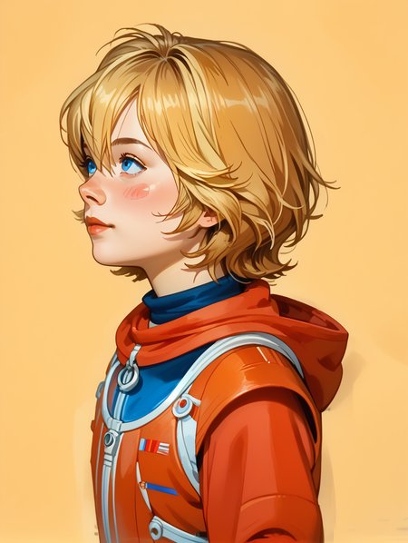 score_9, score_8_up, score_8_up, perfect drawing, sharp lines, absurdres, 
1girl, solo, alisattp, full body, 
blonde hair, blue eyes, blush stickers, hair between eyes, bangs, red bodysuit, spacesuit, short hair,
Dynamic lighting, shading, detailed, from side, 
simple background,  looking up,
portrait, 1980s \(style\),
d3t41l3d,  <lora:d3t41l3dXLP:0.6>, <lora:alisattp_pdxl:1>
