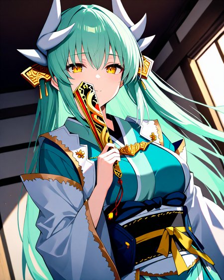 KiyohimeFateGrandOrder,
KiyohimeBR2ndAscension,
1girl, solo, dutch angle, upper body,
long hair, straight hair, green hair,
yellow eyes,
horns, hair ornament,
light smile,
holding fan, folded fan fan,
green kimono, large breasts, obi,
room,
<lora:kp_KiyohimeFateGrandOrderAnimagineXL_v1_0:1.0>,
BREAK
masterpiece, best quality, absurdres, 
ultra-detailed, moody lighting,
depth of field,
