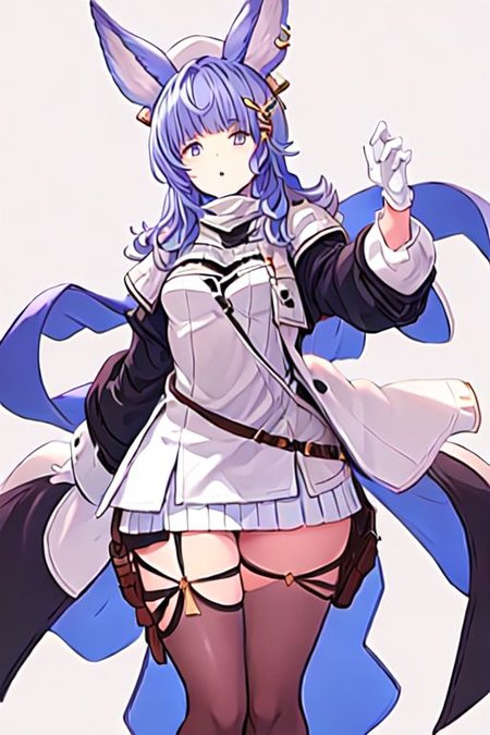 tikohdef, hair ornament, black thighhighs, white gloves, white headwear, white dress, cleavage, white panties, long sleeves