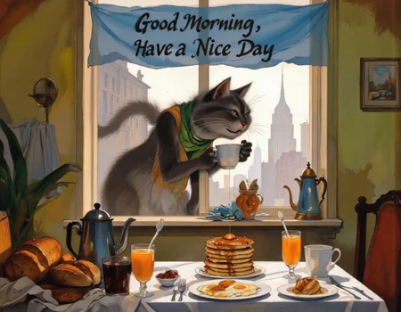 <lora:chzcat:1>, This image is a digital painting depicting a whimsical, surreal breakfast scene. The central figure is a large, anthropomorphic gray cat with a playful, mischievous expression, standing menacingly on the windowsill. The cat has a green scarf around its neck and is holding a coffee mug in its left paw. Its right paw is extended towards the table, as if reaching for something., 
The table, positioned in front of the window, is cluttered with breakfast items. On the left side, there are two loaves of bread, a coffee pot, and a teapot. In the middle, a stack of pancakes with syrup and a plate of scrambled eggs are arranged neatly. On the right side, there are two orange juices, one in a glass and the other in a mug. A white cloth is draped over the table, and a blue banner with the text "Good Morning, Have a Nice Day" hangs above the window., 
The background reveals a foggy, misty morning scene with a city skyline visible through the window. The colors are warm and inviting, with a mix of browns, greens, and oranges dominating the scene. The style of the painting is vibrant and expressive, with a touch of fantasy and whimsy.