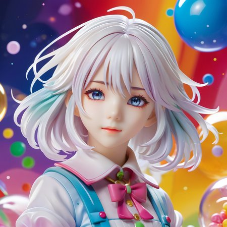 <lora:PVC:1>ï¼PVC figure,rendering, (((masterpiece))),(((best quality))),((ultra-detailed)),(dynamic angle), ((floating)),(paint),((disheveled hair)), (solo),(1girl), l(((detailed anima face))),((beautiful detailed face)),collar,bare shoulders, white hair, ((colorful hair)),((streaked hair)), beautiful detailed eyes,(Gradient color eyes),(((colorful eyes))),closed-up, (((colorful background))),(((high saturation))),(((surrounded by colorful splashes))),(((surrounded by colorful dot))),colorful bubble,((shining)) , ((young,little girl,cute,little girl face))