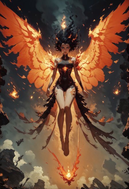 score_9, score_8_up, score_7_up, score_6_up,  1girl, (solo), black hair, female phoenix, floating, flying, fiery wings, inferno, fire, flames, lava made, translucent, fantasy, glowing, barefoot, knva, halftone effect, Expressiveh  <lora:sinfully_stylish_SDXL> <lora:add-detail-xl:1> <lora:xl_more_art-full_v1:0.7> <lora:Kenva:1> <lora:Concept Art Twilight Style SDXL_LoRA_Pony Diffusion V6 XL:1> <lora:Expressive_H-000001:0.8>