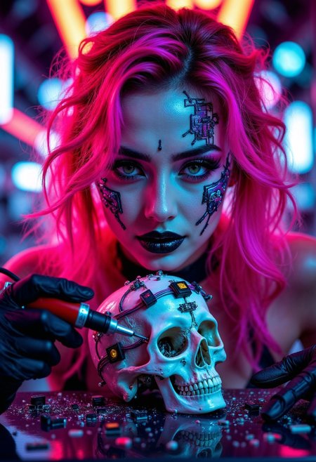 a cyberpunk theme. The layout is centered around a female figure with striking neon pink hair, styled in voluminous waves. Her skin is pale, with intricate metallic and circuit-like designs adorning her face, giving a futuristic appearance. She wears black lipstick and dark eye makeup, enhancing her intense gaze. The subject is holding a soldering iron in a gloved hand, poised over a skull embedded with electronic components and wires, suggesting a blend of organic and mechanical elements. The background is filled with blurred, colorful lights and electronic equipment, contributing to the high-tech, dystopian atmosphere. The overall color palette is dominated by neon hues and metallic tones, creating a visually striking and immersive scene.