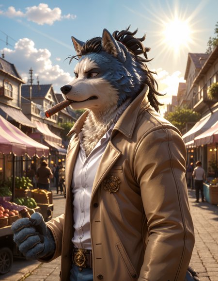 score_9, score_8_up, score_7_up, BREAK rating_safe,  detailed, cinematic lighting, hdr, masterpiece, best quality, ultra realistic, 4k, 2k, film photography, RAW photo, photorealistic, analog style, subsurface scattering, photorealism, <lora:add-detail-xl:2.5>,  <lora:2.5DRealisticV2.safetensors:0.20>, <lora:sinfully_stylish_SDXL.safetensors:0.6>,  <lora:AdvancedEnhancerXLv2.safetensors:0.8>, <lora:<lora:Chojuro_Kon_Chimera_My_Hero_Academia.safetensors:0.7>, solo, anthro, chojuro_kon_Ñhimera, furry, male focus, 1boy, furry male, solo, coat, animal ears, wolf ears, shirt, scalie hands, cigar (from side, looking away , sleepy, market sunrays sun rays:1.15)