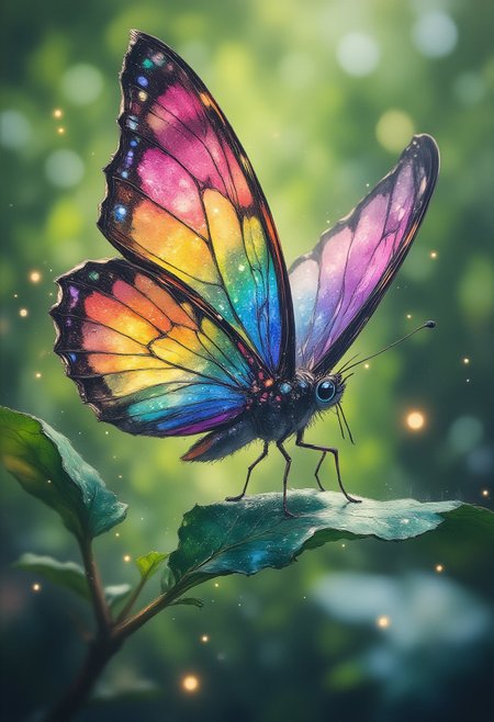 Dew-Kissed Butterfly Wings
"A close-up macro shot of a butterfly resting on a leaf, its delicate wings adorned with tiny dew droplets that glisten in the soft morning light. The intricate patterns and iridescent colors of the wings are captured in stunning detail, with a blurred green background creating a dreamy atmosphere."