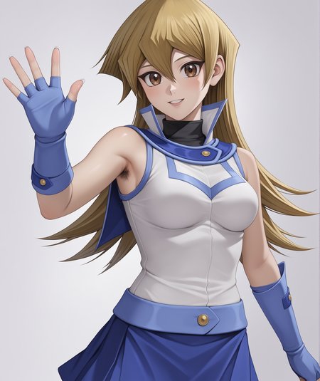 score_9, score_8_up, score_7_up, source_anime, highres, hi res, realistic, photorealistic, 2d, best quality, masterpiece, intricate details, official style, anime, 4k, anime style,
1girl, solo, female, brown eyes, long hair,  blonde hair, brown hair, hair between eyes, straight hair,tenjouin asuka, yu-gi-oh!,
breasts, medium breasts, shiny skin, nail polish, fingernails, white nails,
shirt, skirt, gloves, bare shoulders, school uniform, white shirt, sleeveless, miniskirt, fingerless gloves, blue skirt, sleeveless shirt, turtleneck, blue gloves, duel academy uniform \(yu-gi-oh! gx\), 
waving, waving arms, waving hands, armpit hair, cowboy shot, looking at viewer, simple background, white background, gradient background, <lora:Asuka1024_Pony:1>